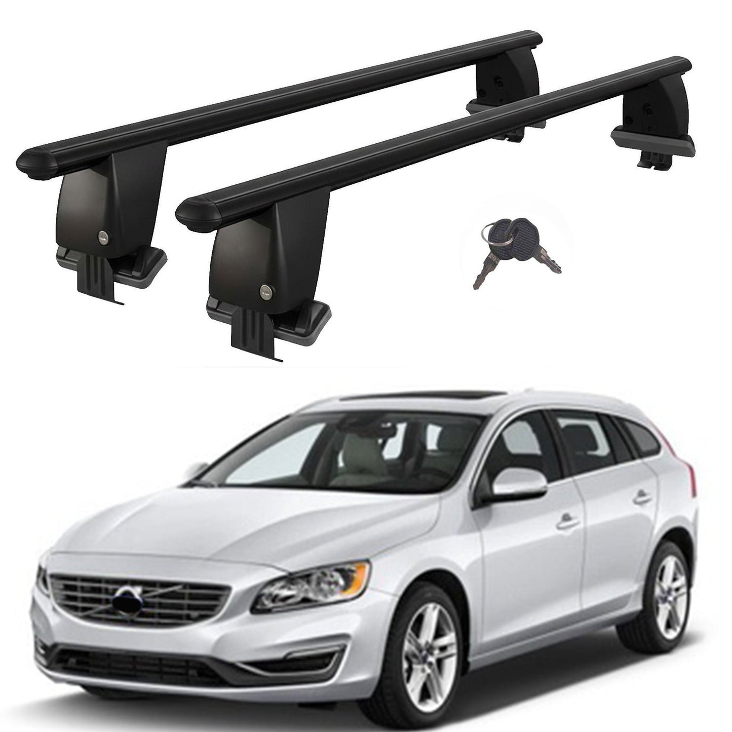 Roof Bars For Cars Without Rails For Volvo V60/V60 Cross Country 2010-2018 Lockable Black 2 Pcs