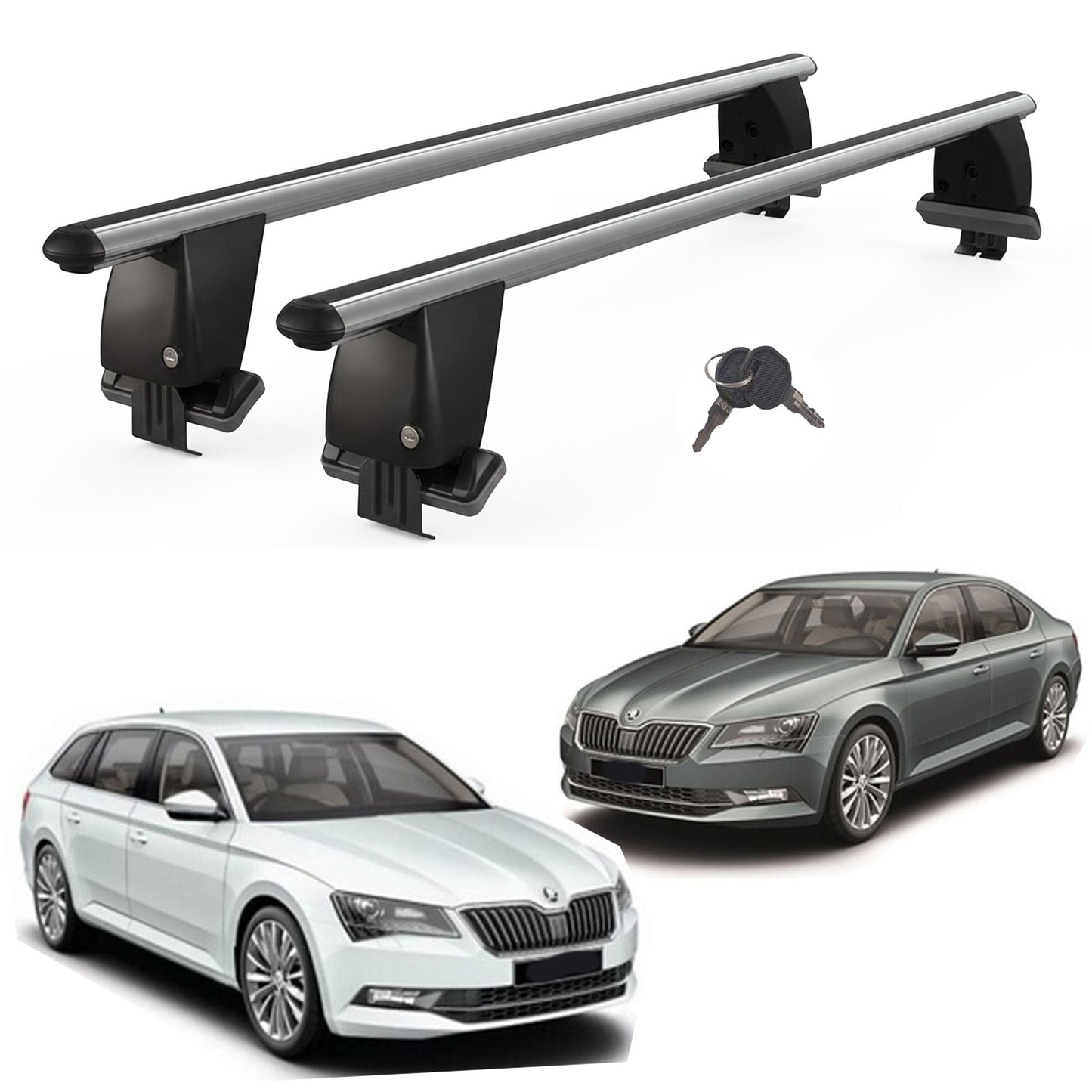 Roof Bars For Cars Without Rails For Skoda Superb 3V 2015+ Lockable Grey 2 Pcs