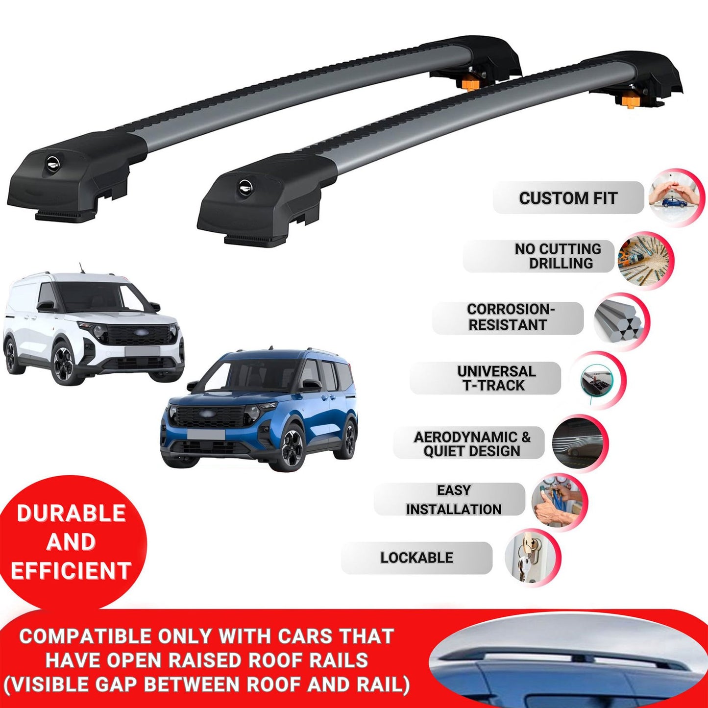 Roof Bar for Ford T.Tourneo Courier 2023 + Lockable Roof Rack Cross Bars 2 Pcs Grey