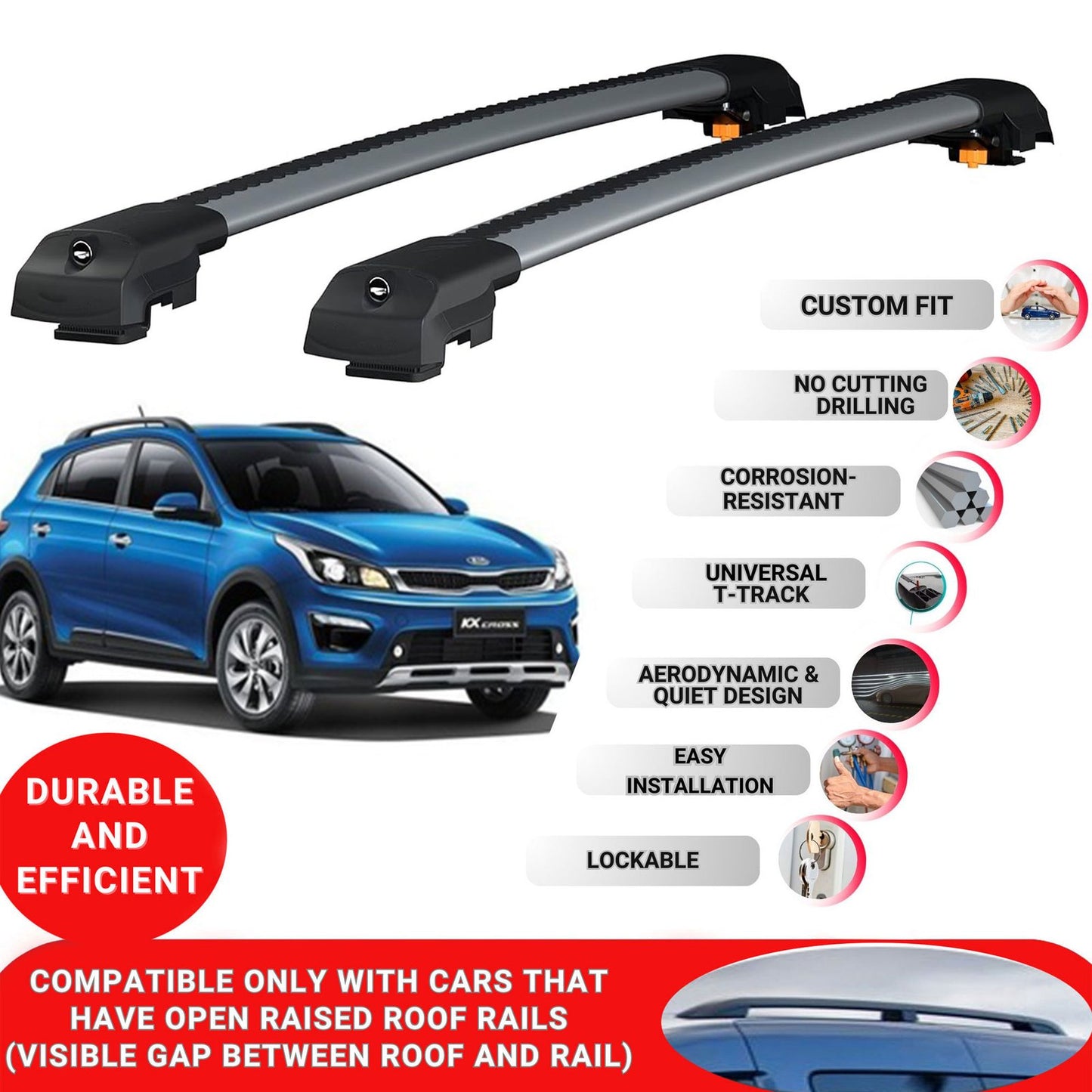 Roof Bar for Kia Kx Cross 2017-2022 Lockable Roof Rack Cross Bars 2 Pcs Grey