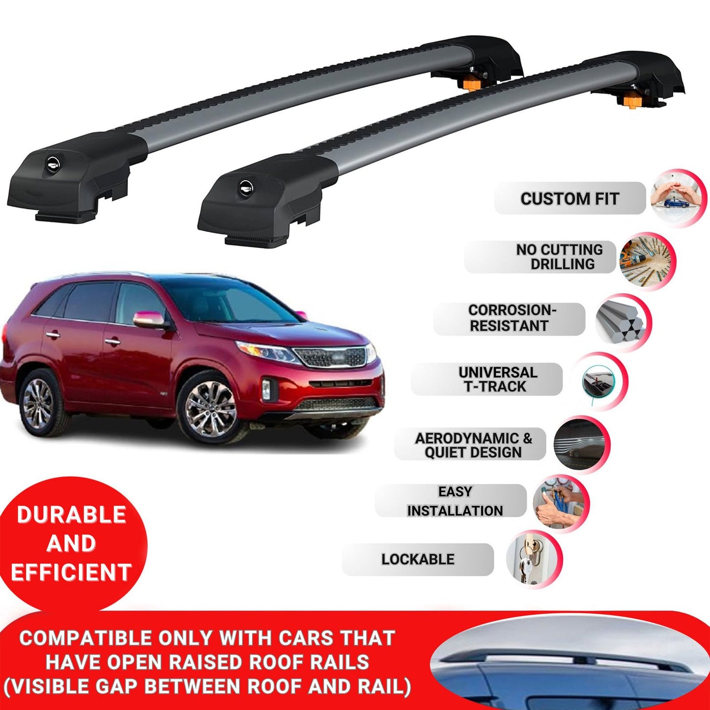 Roof Bar for Kia Sorento (Xm) 2010-2015 Lockable Roof Rack Cross Bars 2 Pcs Grey