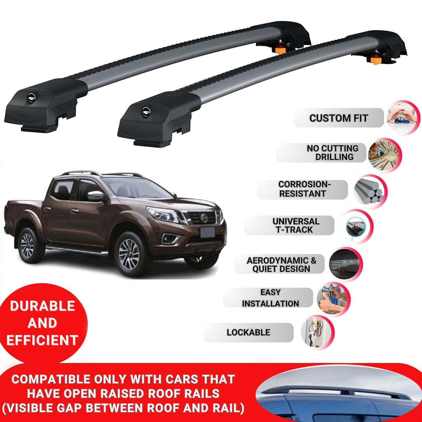 Roof Bar for Nissan Np300 2015-2021 Lockable Roof Rack Cross Bars 2 Pcs Grey