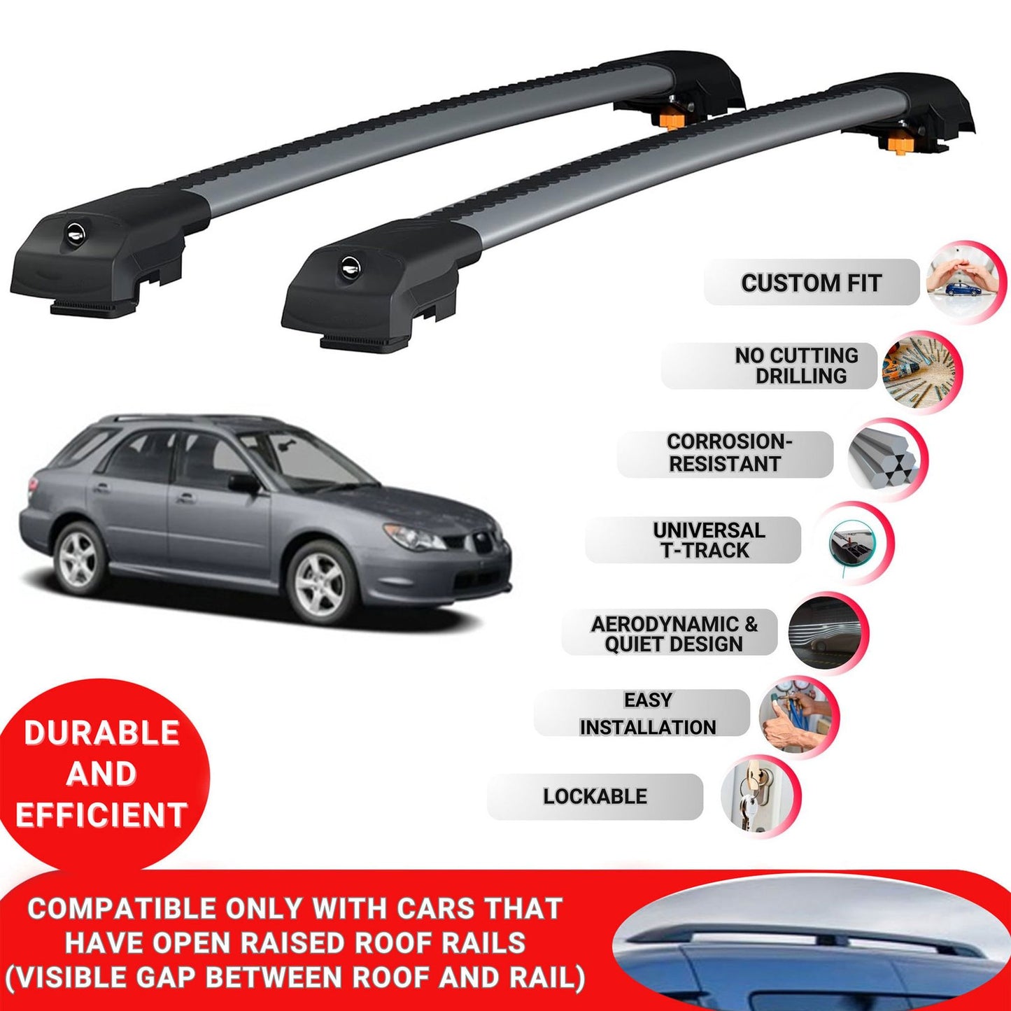 Roof Bar for Subaru Impreza 2001-2007 Lockable Roof Rack Cross Bars 2 Pcs Grey