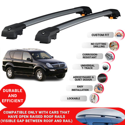 Roof Bar for Ssangyong Rexton Y200 2001-2005 Lockable Roof Rack Cross Bars 2 Pcs Grey