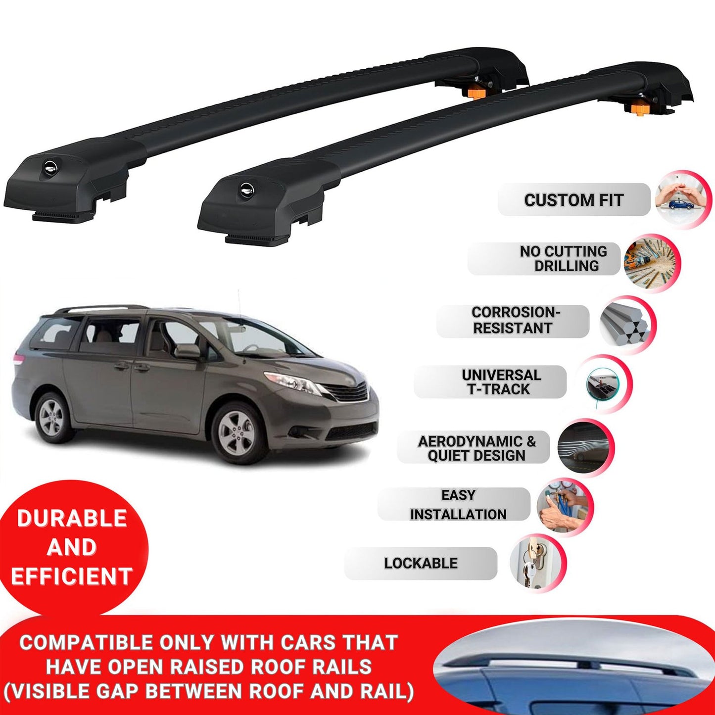Roof Bar for Toyota Sienna (Xl30) 2011-2020 Lockable Roof Rack Cross Bars 2 Pcs Black