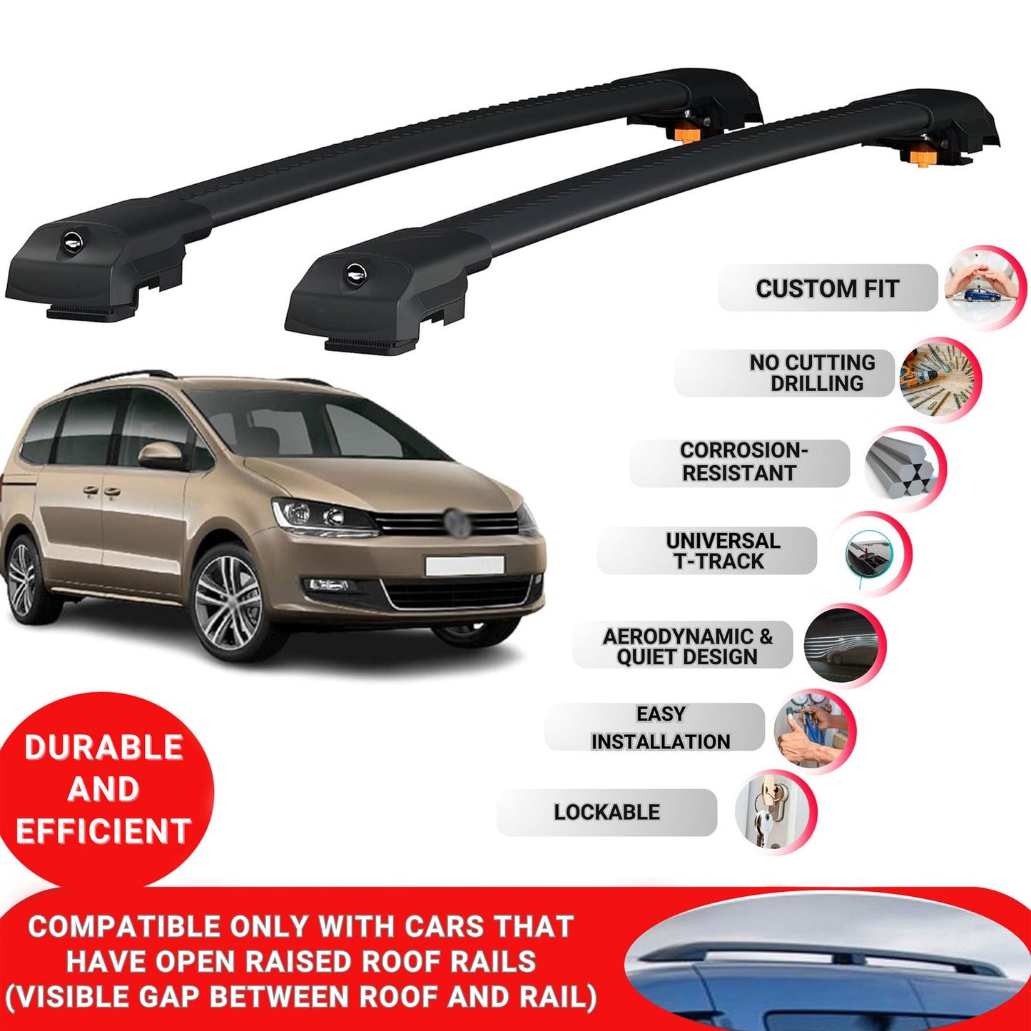 Roof Bar for Vw Sharan 2010-2022 Lockable Roof Rack Cross Bars 2 Pcs Black