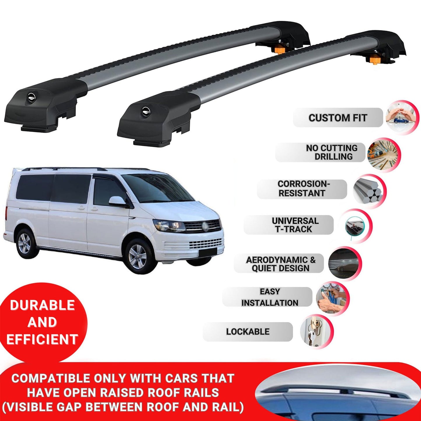 Roof Bar for Vw T6 Transporter 2016-2022 Lockable Roof Rack Cross Bars 2 Pcs Grey