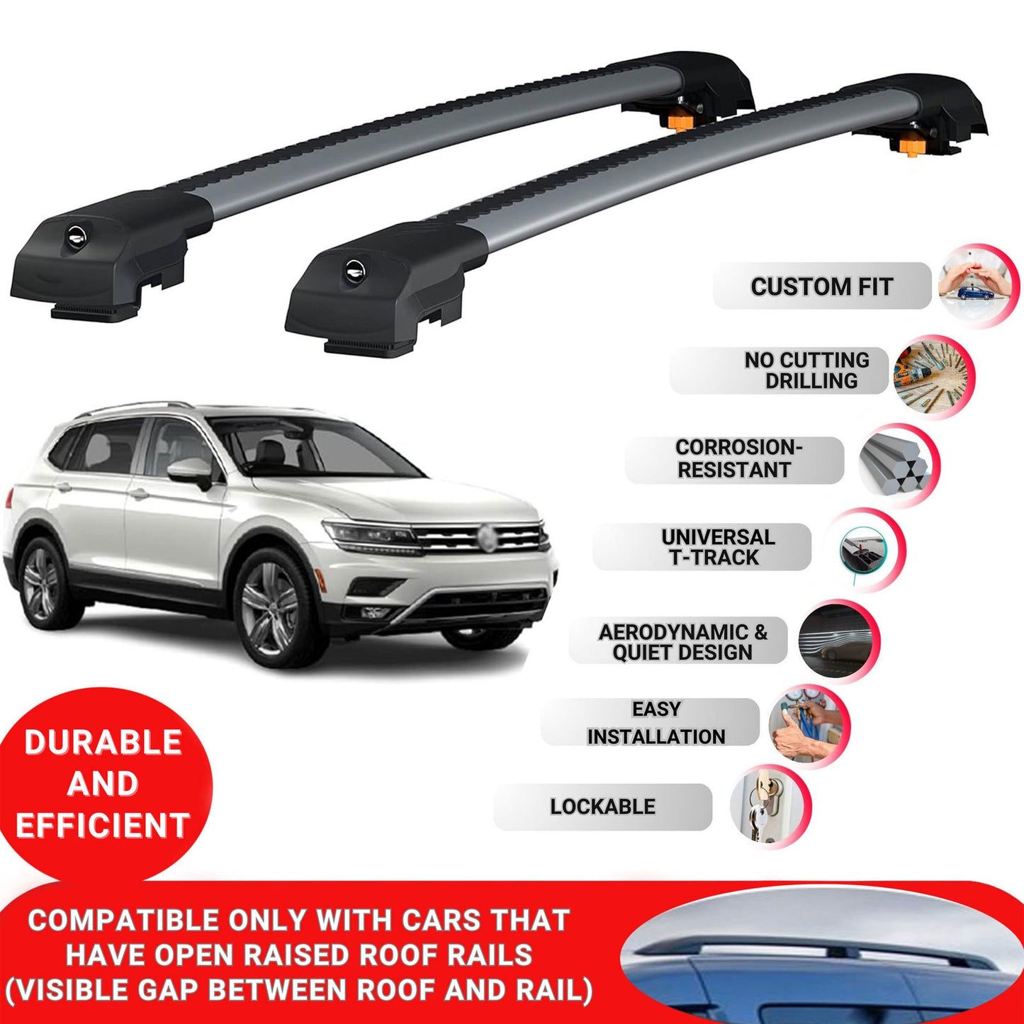 Roof Bar for Vw Tiguan Allspace 2018+ Lockable Roof Rack Cross Bars 2 Pcs Grey