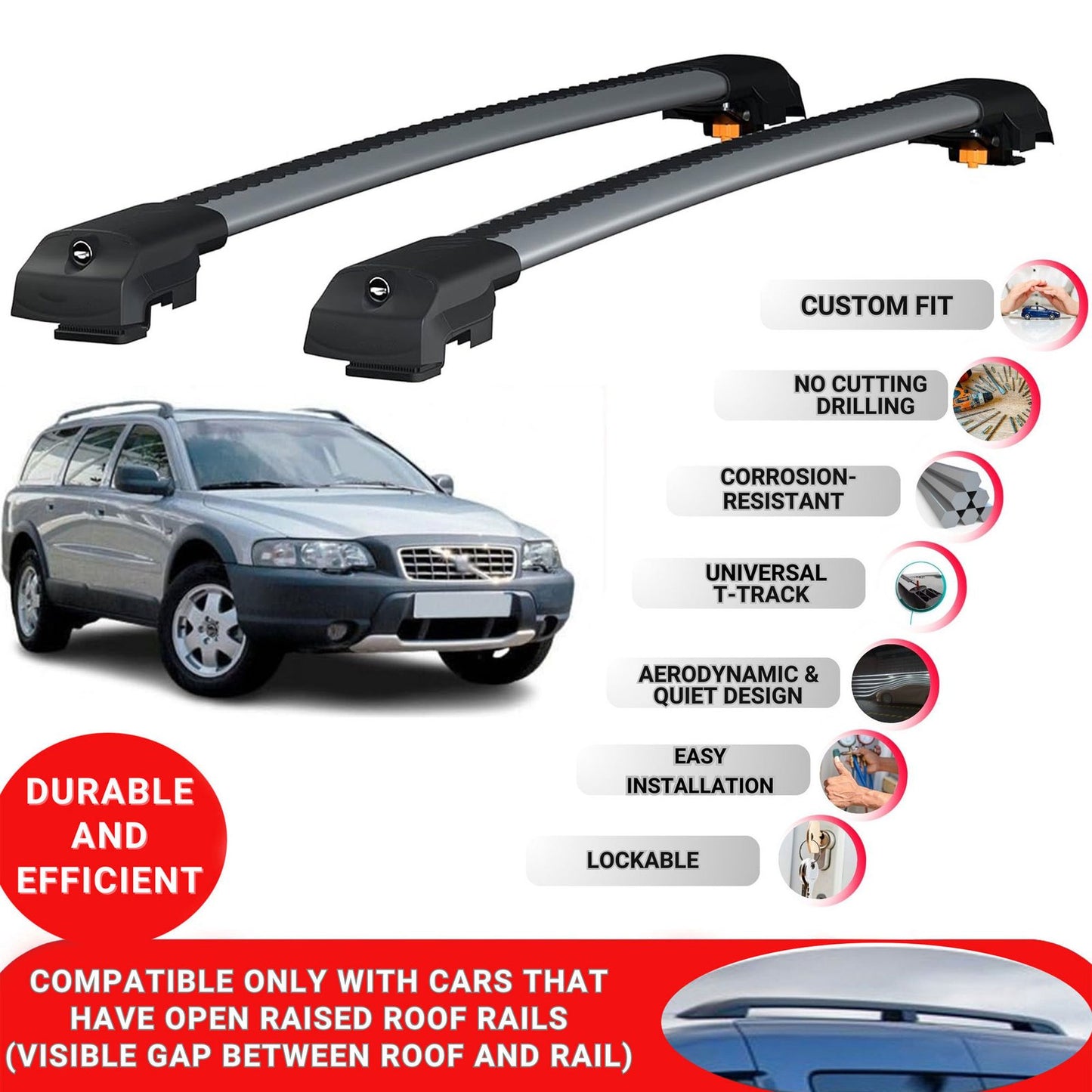 Roof Bar for Volvo XC70 2001-2008 Lockable Roof Rack Cross Bars 2 Pcs Grey
