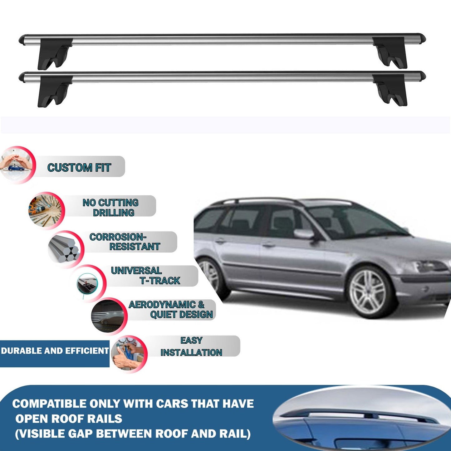 Lockable Roof Rack Cross Bars for BMW 3-Series Touring/Estate E36 1996-1999 | Heavy Duty Rail Carrier 2 Pcs Grey