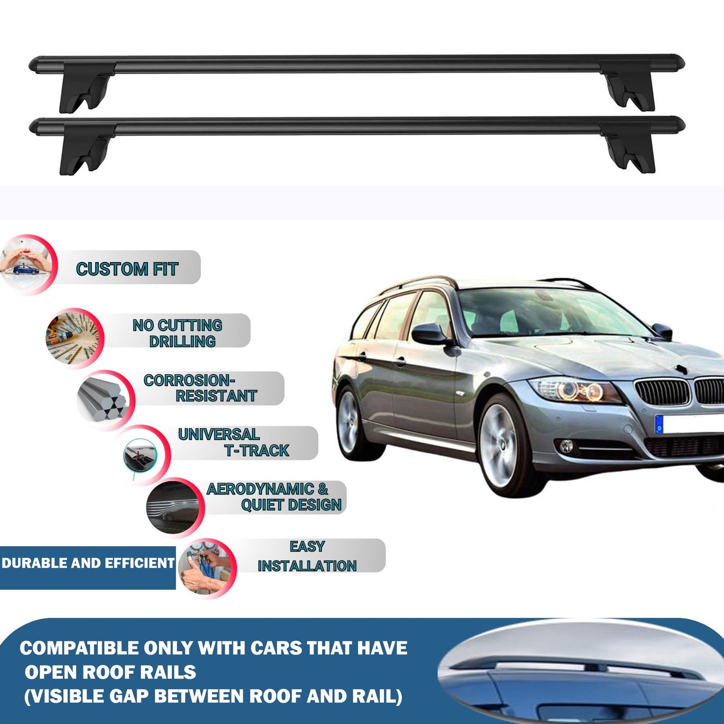 Lockable Roof Rack Cross Bars for BMW 3-Series Touring E91 2008-2012 | Heavy Duty Rail Carrier 2 Pcs Black