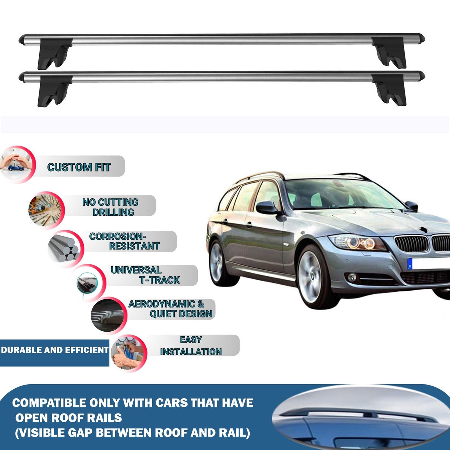 Lockable Roof Rack Cross Bars for BMW 3-Series Touring E91 2008-2012 | Heavy Duty Rail Carrier 2 Pcs Grey
