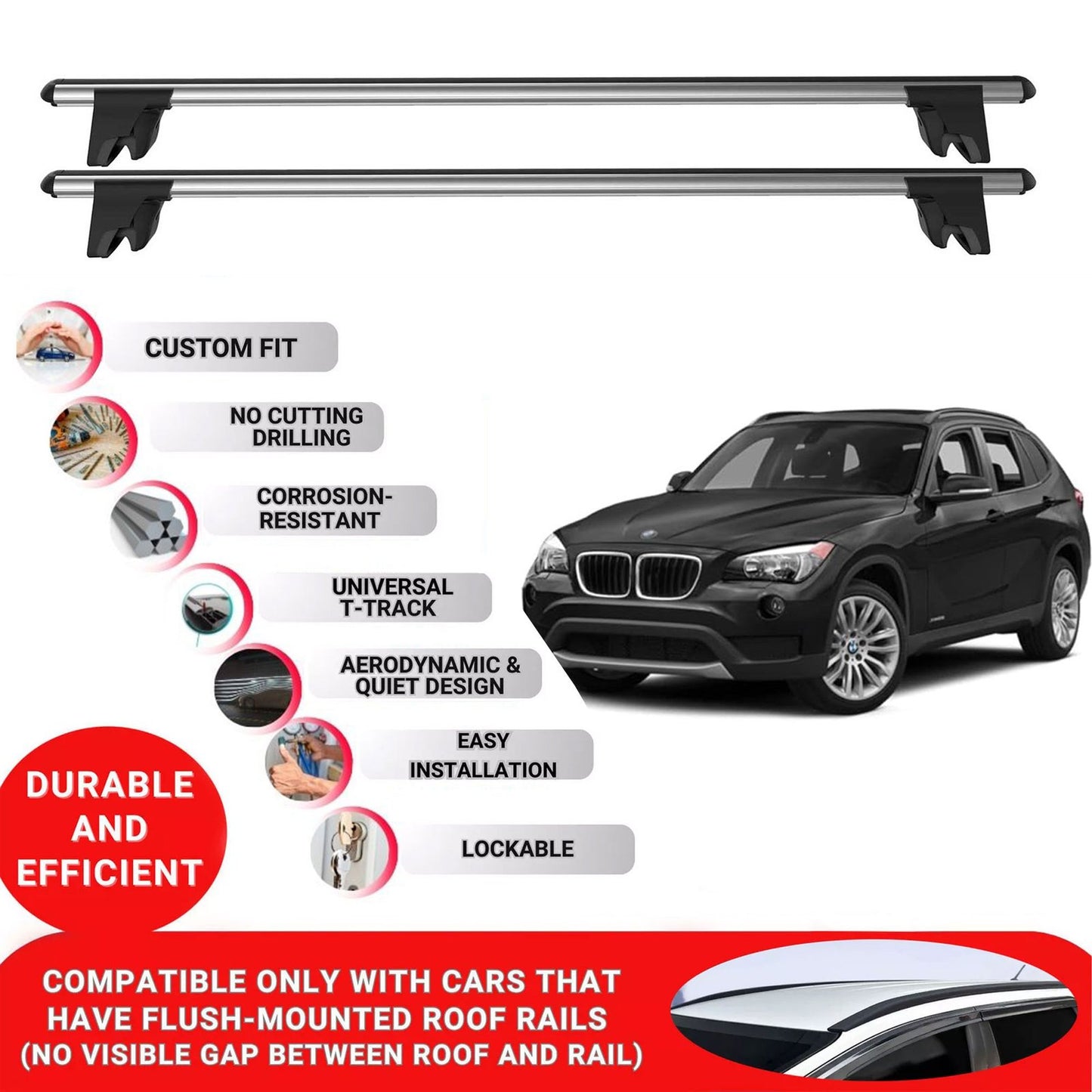 Premium Roof Bars for Bmw X1 E84 2009-2014; Lockable Roof Rack Cross Bars 2 Pcs Grey