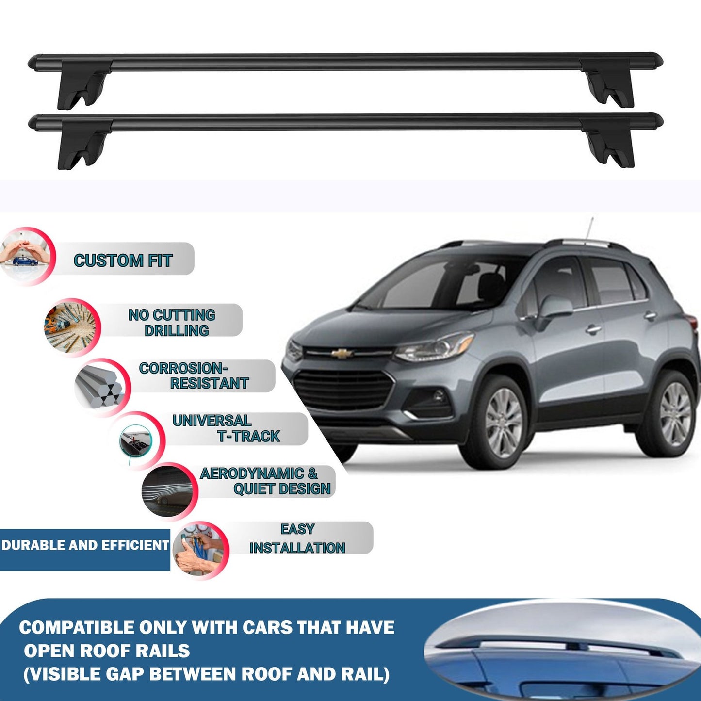 Lockable Roof Rack Cross Bars for Chevrolet Trax 2013-2020 | Heavy Duty Rail Carrier 2 Pcs Black