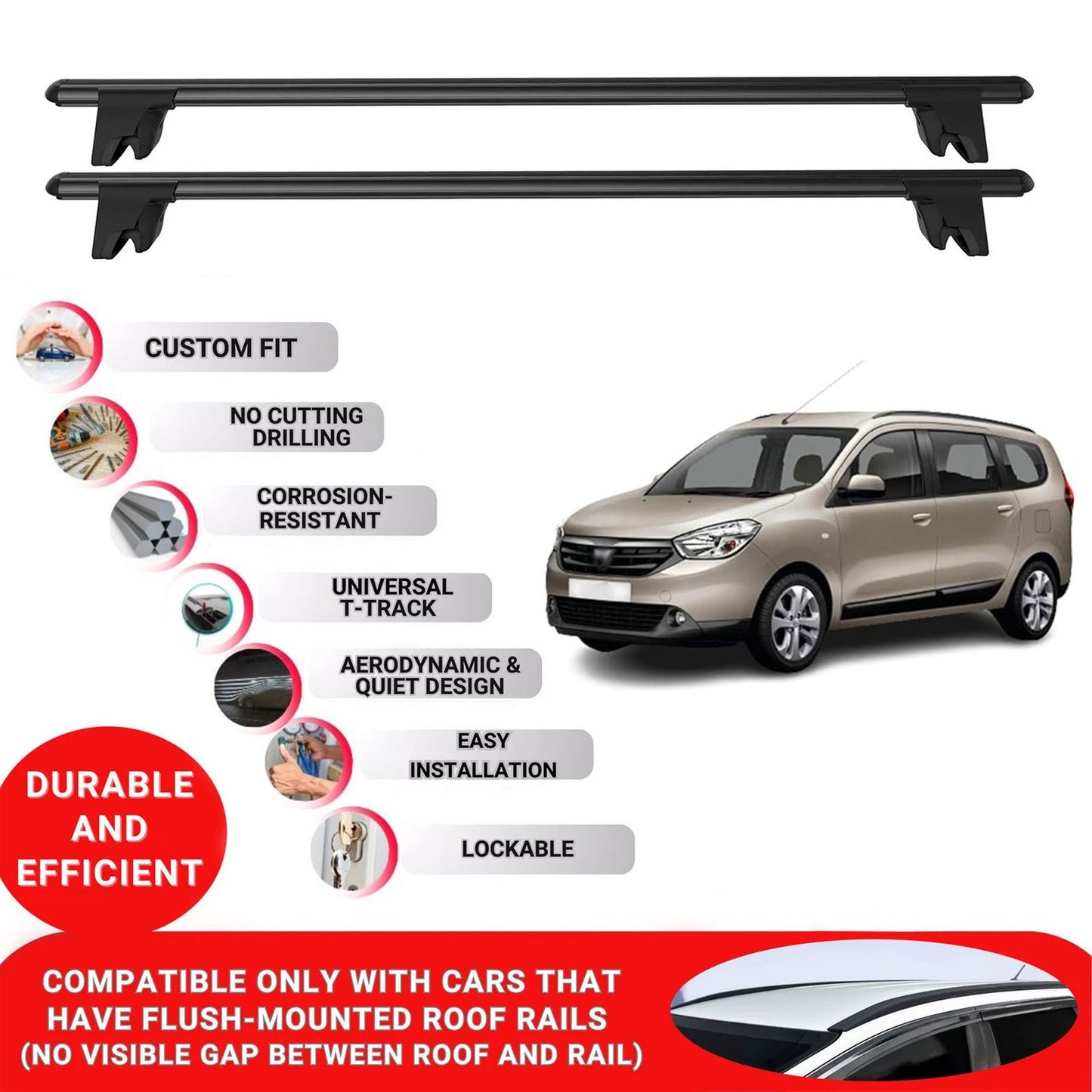 Premium Roof Bars for Dacia Lodgy 2012-2023 Lockable Roof Rack Cross Bars 2 Pcs Black