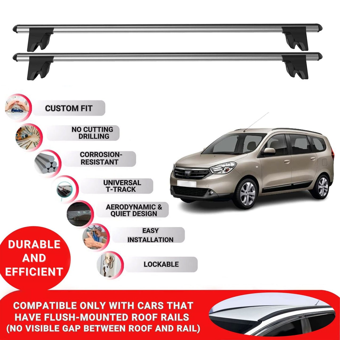 Premium Roof Bars for Dacia Lodgy 2012-2023 Lockable Roof Rack Cross Bars 2 Pcs Grey