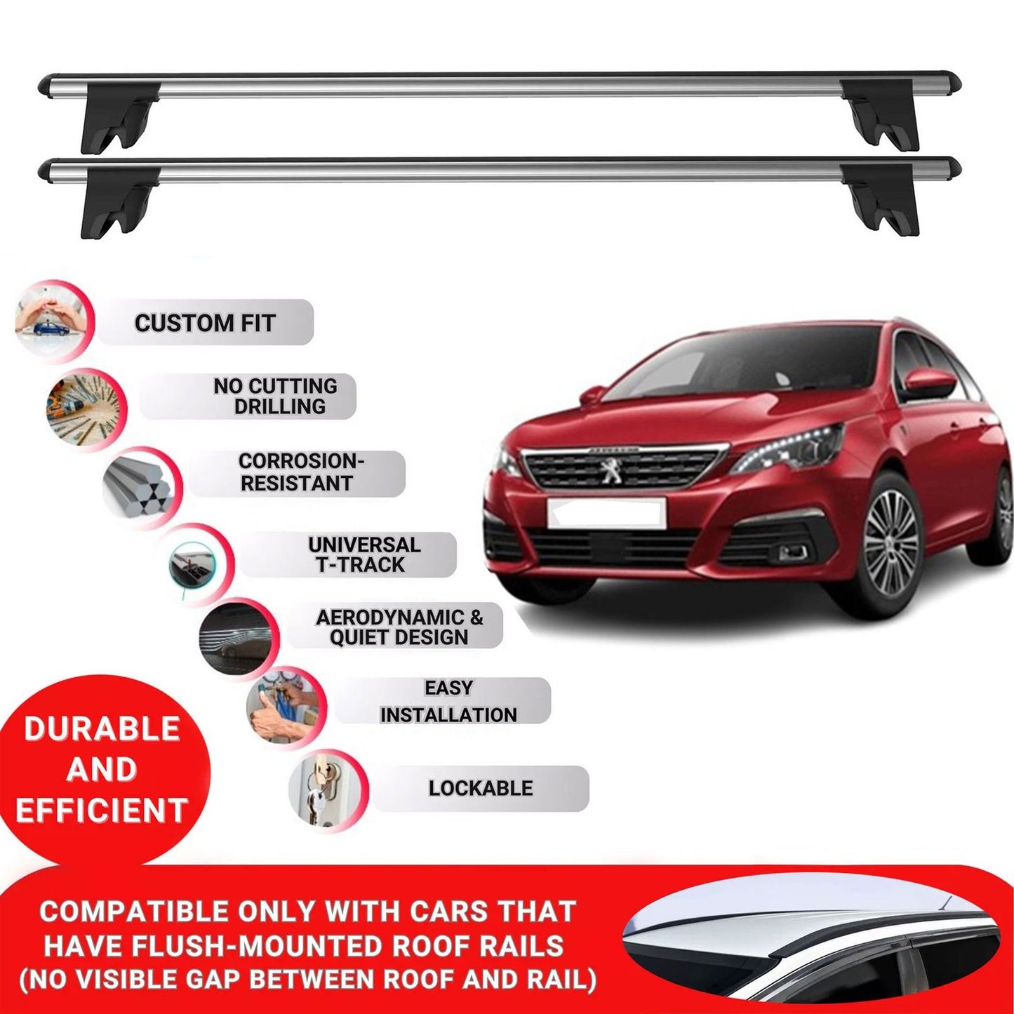 Premium Roof Bars for Peugeot 308 T9 2013-2021 Lockable Roof Rack Cross Bars 2 Pcs Grey