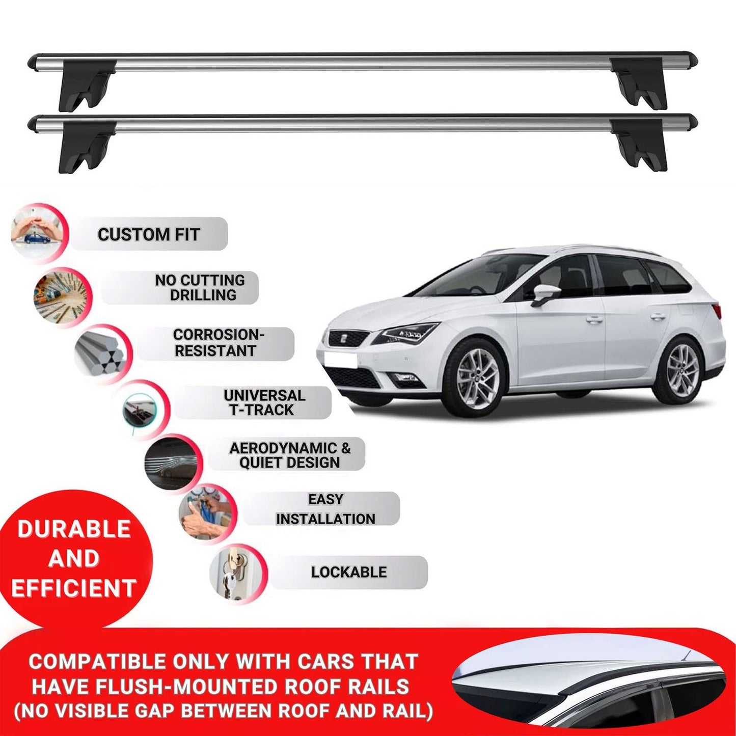 Premium Roof Bars for Seat Leon St 2013-2020 Lockable Roof Rack Cross Bars 2 Pcs Grey