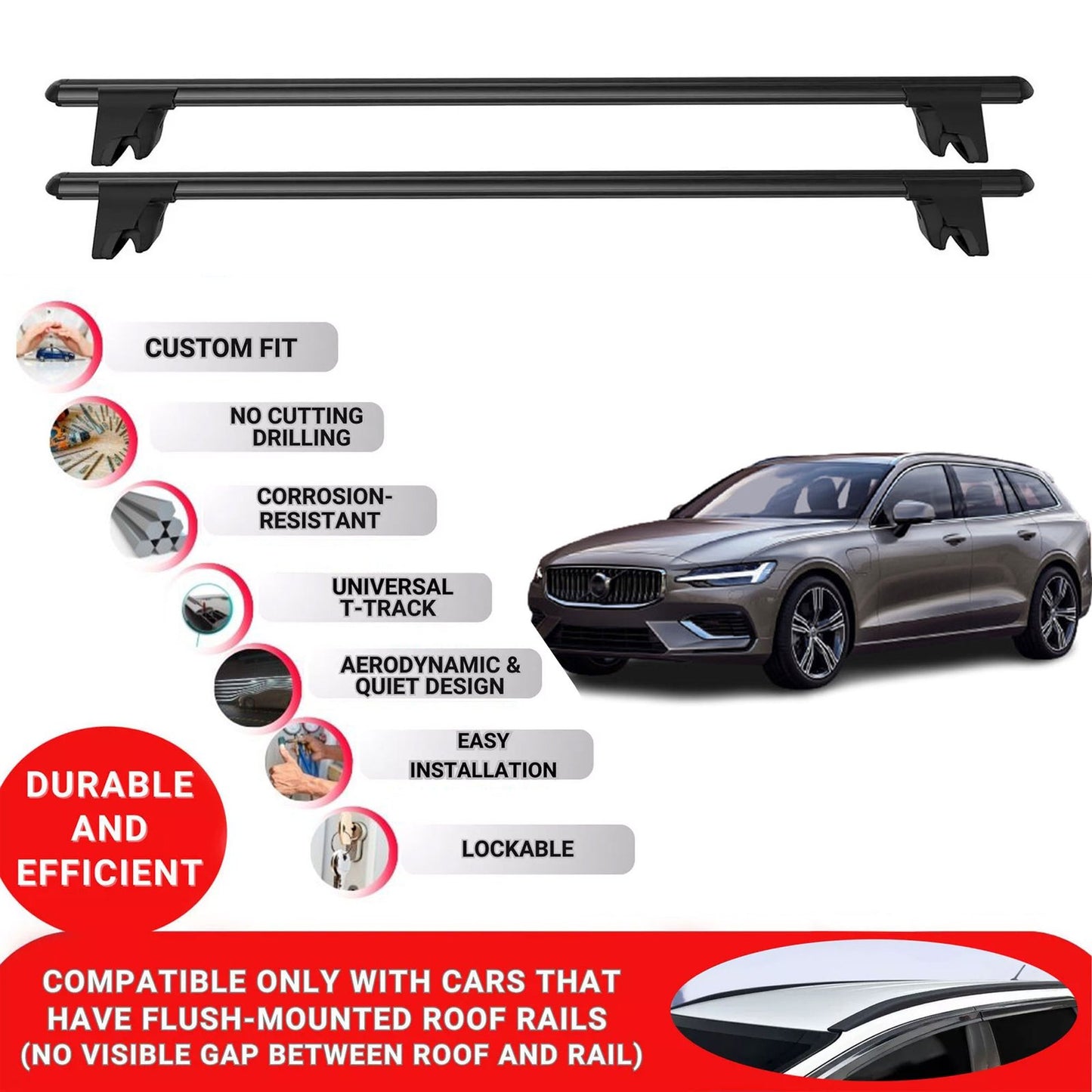 Premium Roof Bars for Volvo V60 2019-2023 Lockable Roof Rack Cross Bars 2 Pcs Black