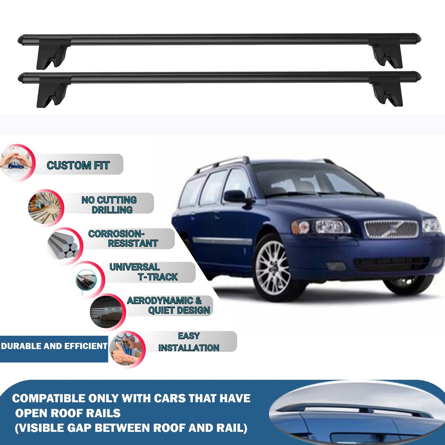 Lockable Roof Rack Cross Bars for Volvo V70 Estate 2000-2008 | Heavy Duty Rail Carrier 2 Pcs Black