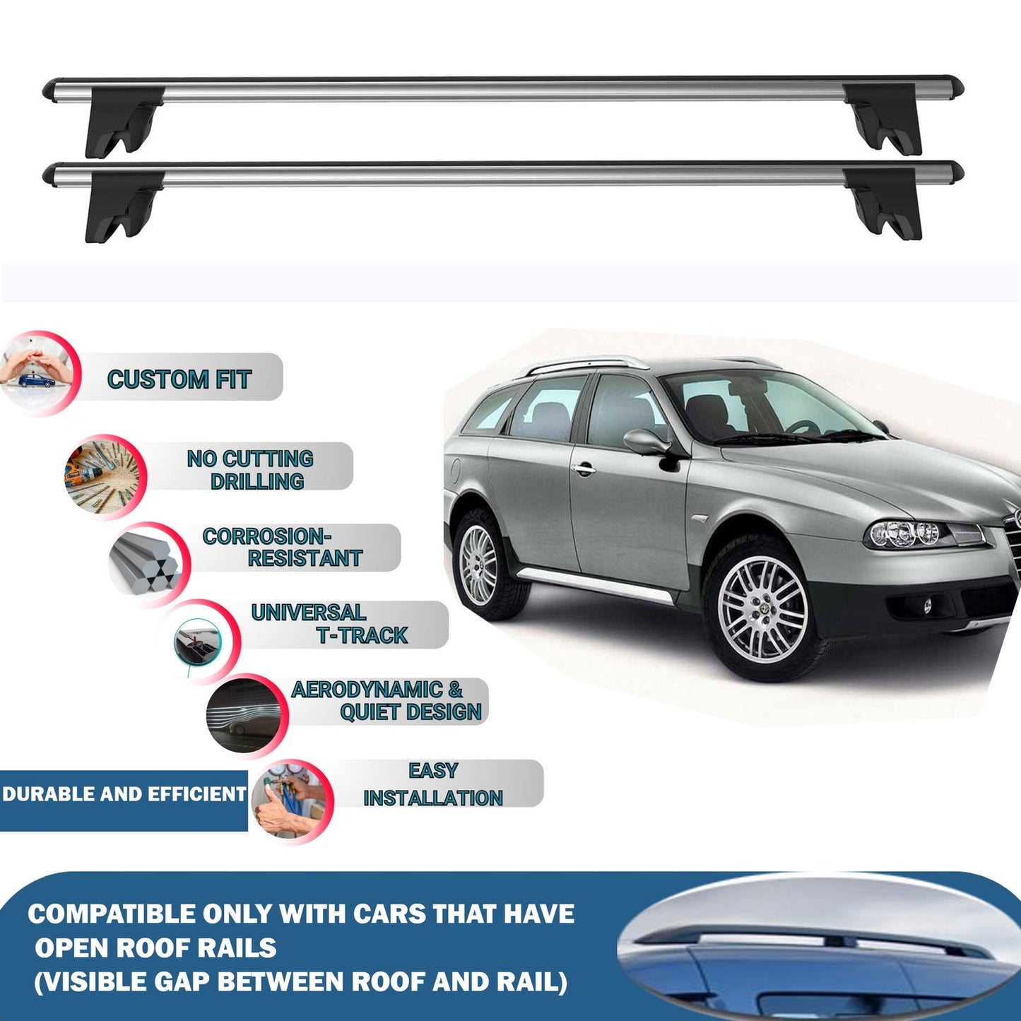Lockable Roof Rack Cross Bars for Alfa Romeo 156 Sportwagon 2000-2007 | Heavy Duty Rail Carrier 2 Pcs Grey