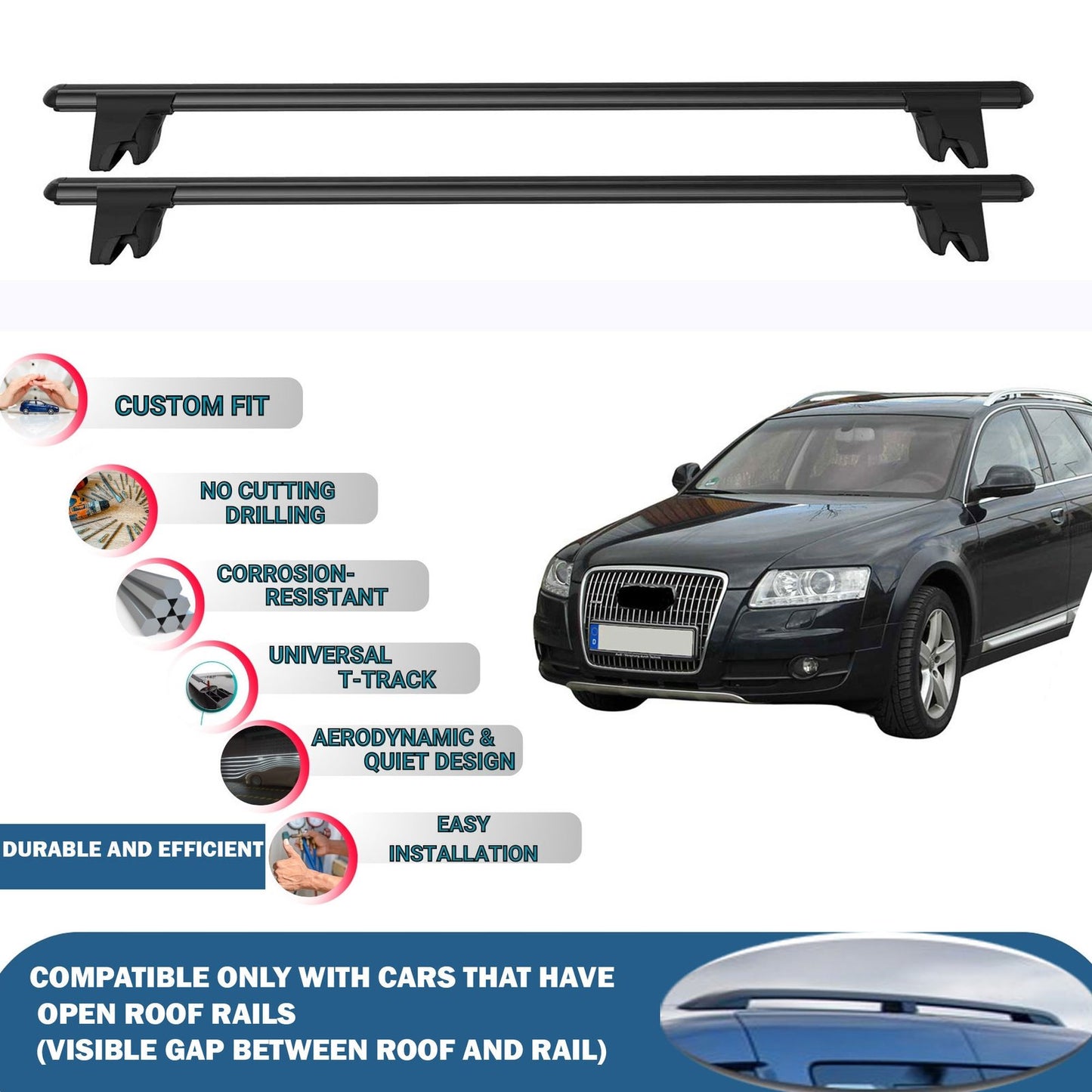 Lockable Roof Rack Cross Bars for Audi A6 Allroad Quattro C6 2006-2011 | Heavy Duty Rail Carrier 2 Pcs Black