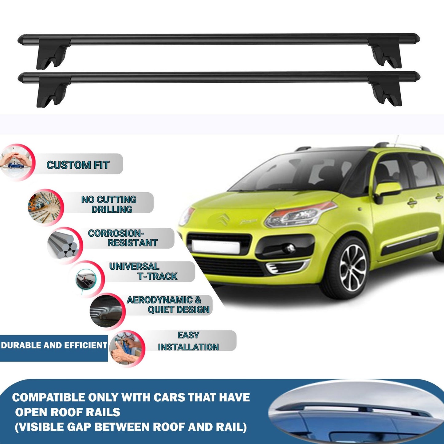 Lockable Roof Rack Cross Bars for Citroen C3 Picasso 2009-2012 | Heavy Duty Rail Carrier 2 Pcs Black