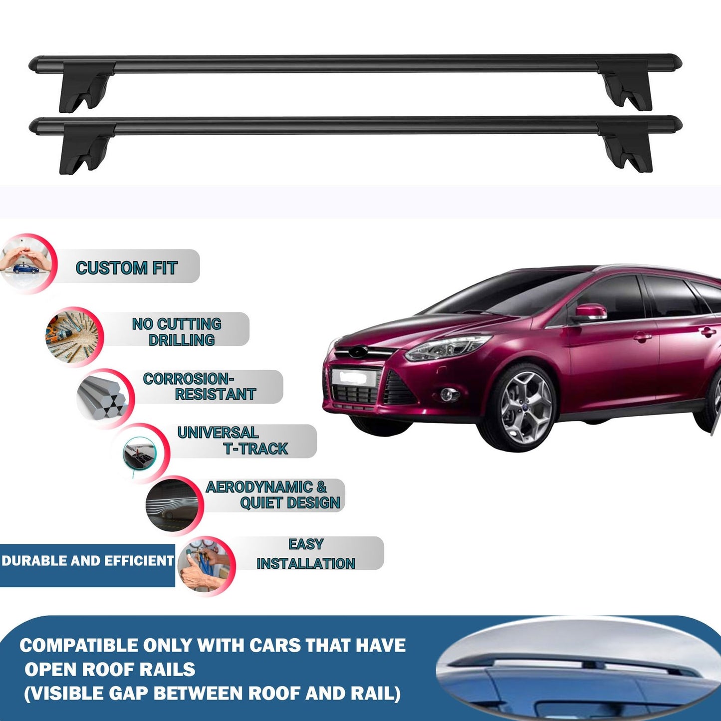 Lockable Roof Rack Cross Bars for Ford Focus Wagon 2008-2011 | Heavy Duty Rail Carrier 2 Pcs Black