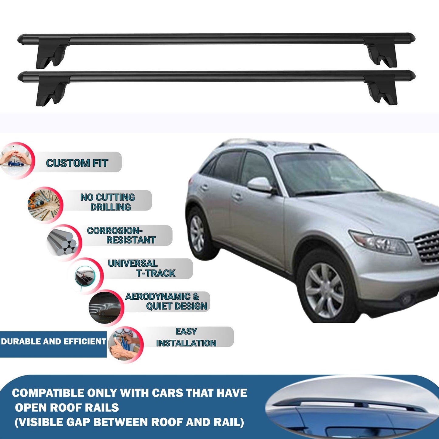 Lockable Roof Rack Cross Bars for Infiniti Qx70 Mk1 2002-2008 | Heavy Duty Rail Carrier 2 Pcs Black