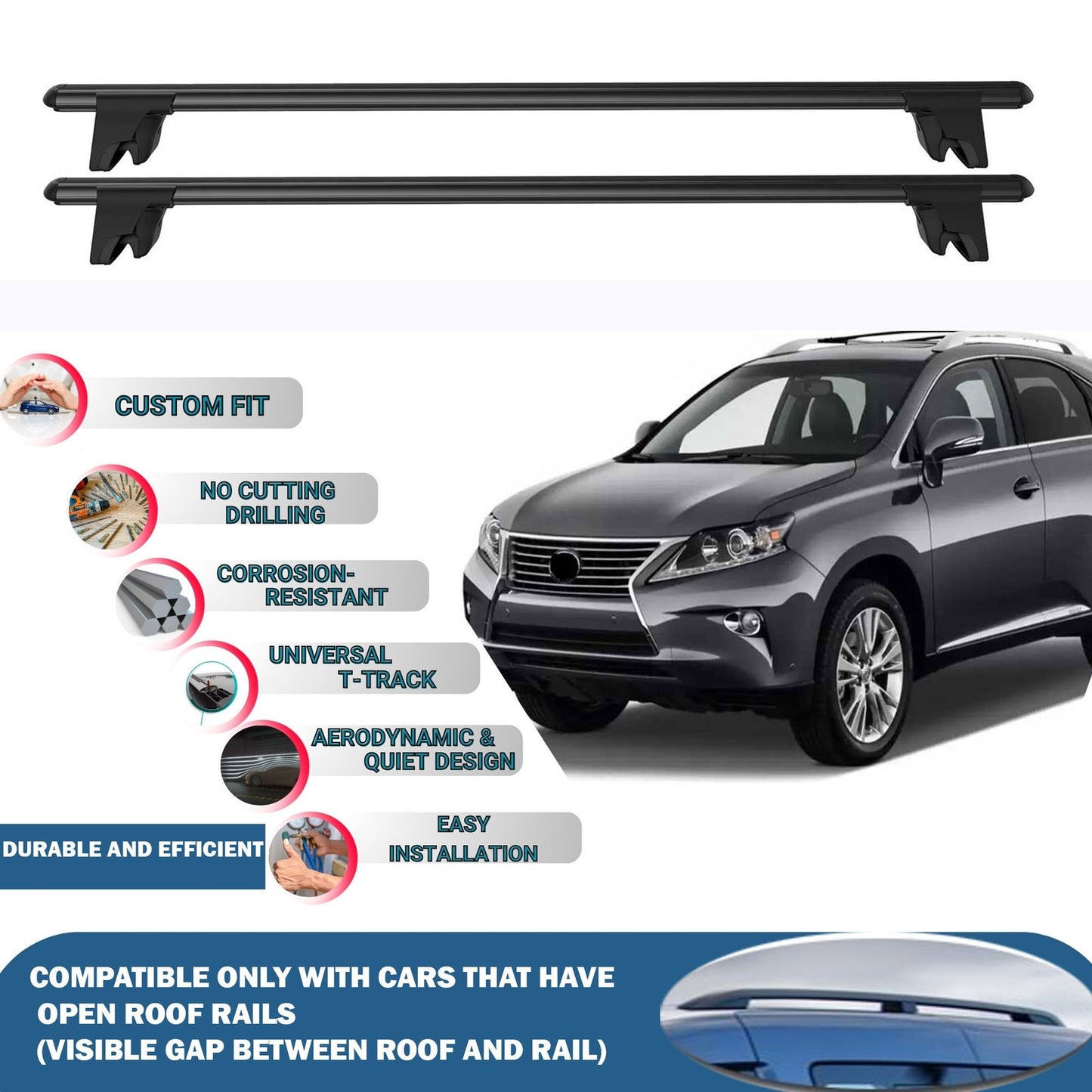 Lockable Roof Rack Cross Bars for Lexus Rx 2009-2015 | Heavy Duty Rail Carrier 2 Pcs Black