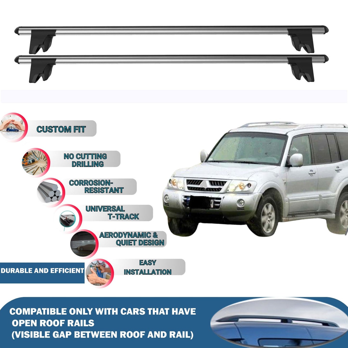 Lockable Roof Rack Cross Bars for Mitsubishi Pajero V60 5D 1999-2006 | Heavy Duty Rail Carrier 2 Pcs Grey