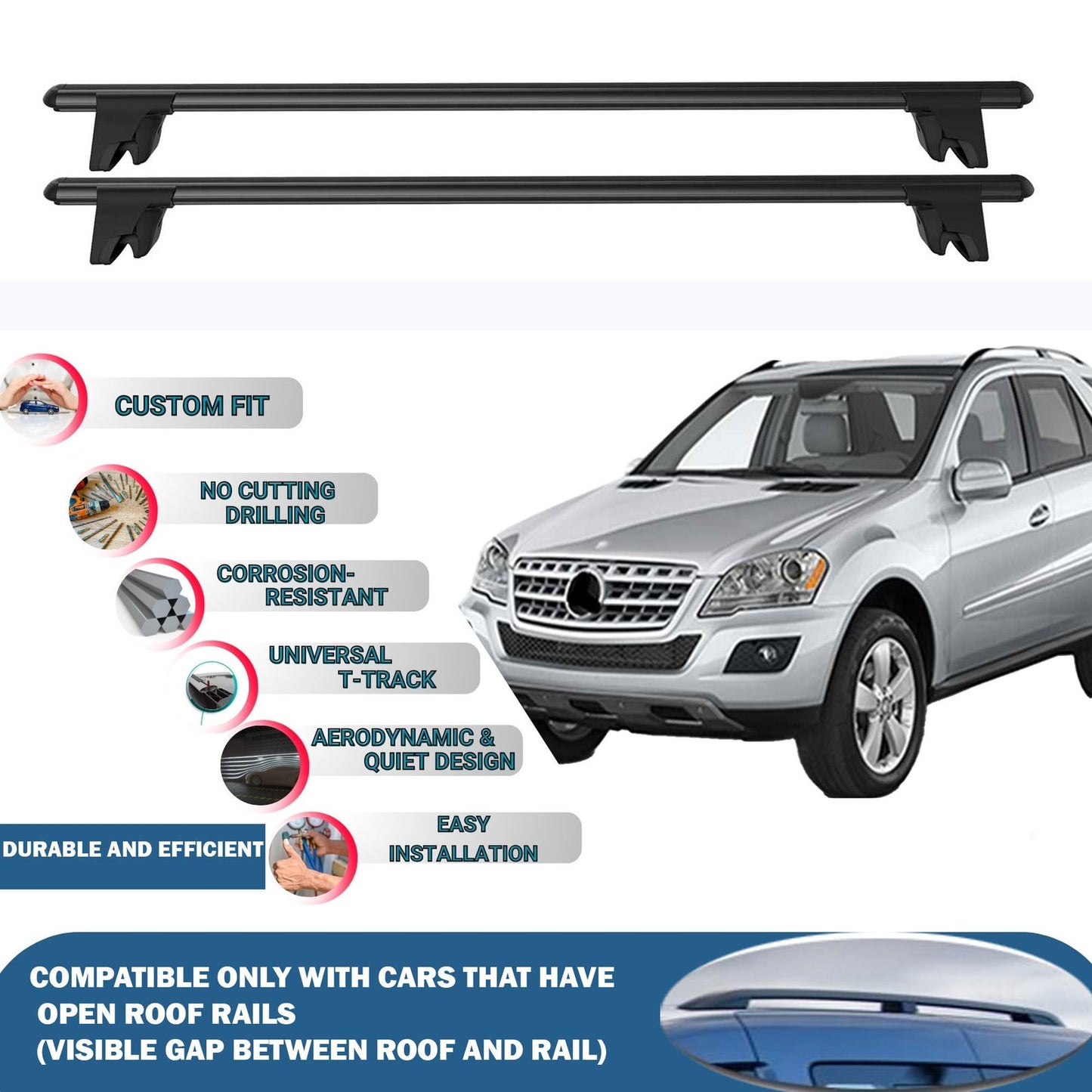 Lockable Roof Rack Cross Bars for Mercedes W164 Suv 2005-2011 | Heavy Duty Rail Carrier 2 Pcs Black