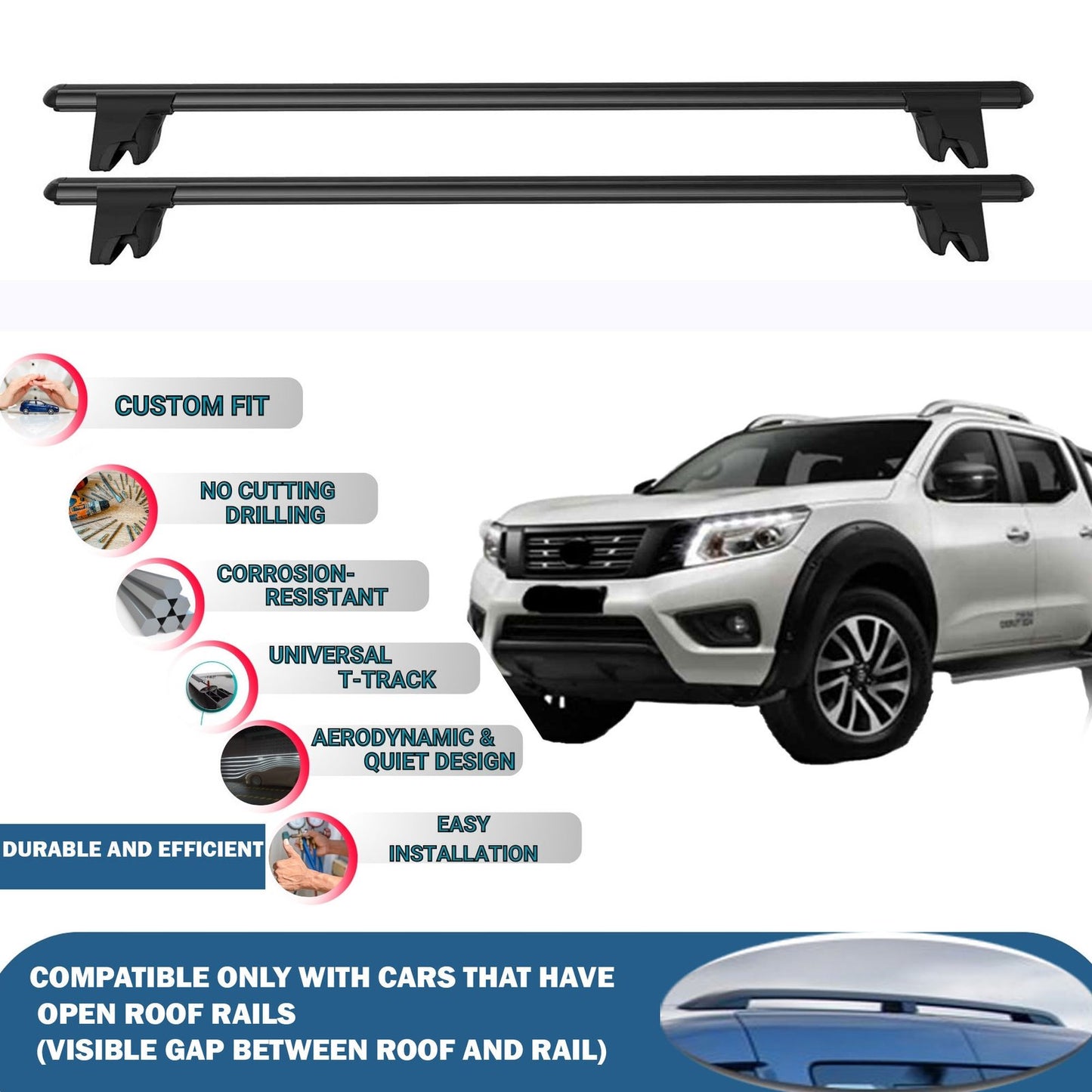 Lockable Roof Rack Cross Bars for Nissan Navara 2010-2023 | Heavy Duty Rail Carrier 2 Pcs Black