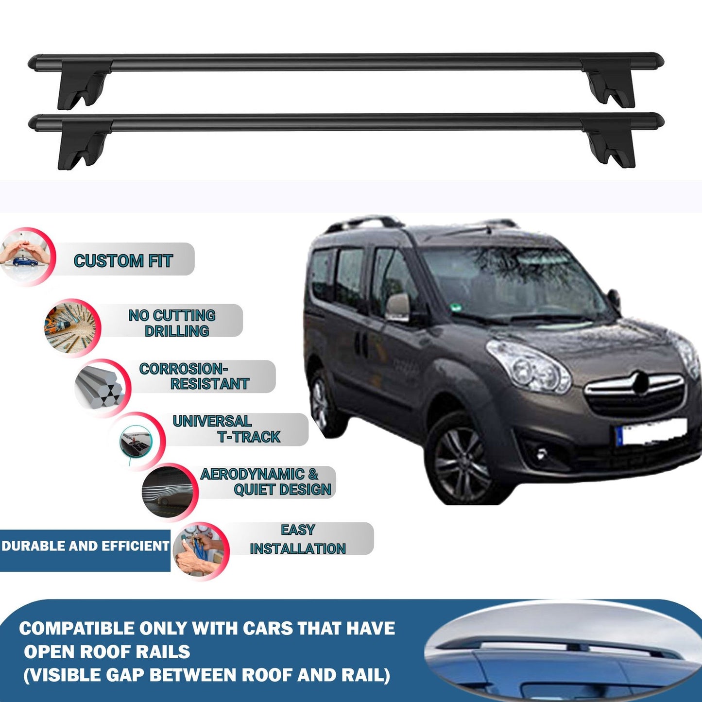 Lockable Car Roof Rack Cross Bars for Opel Combo D Tour 5D 2012-2019 4 Pcs Black
