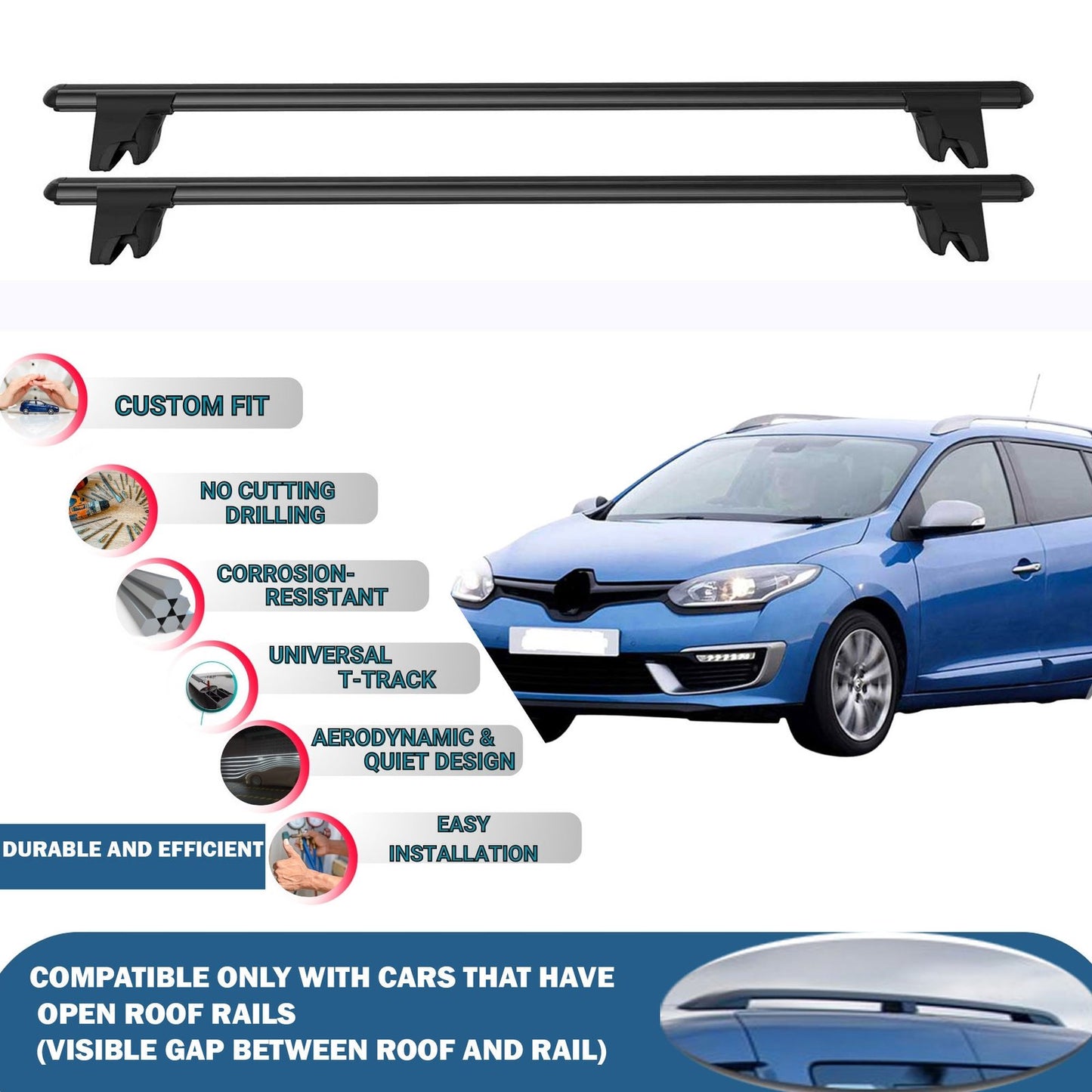 Lockable Roof Rack Cross Bars for Renault Megane Estate 2008-2016 | Heavy Duty Rail Carrier 2 Pcs Black