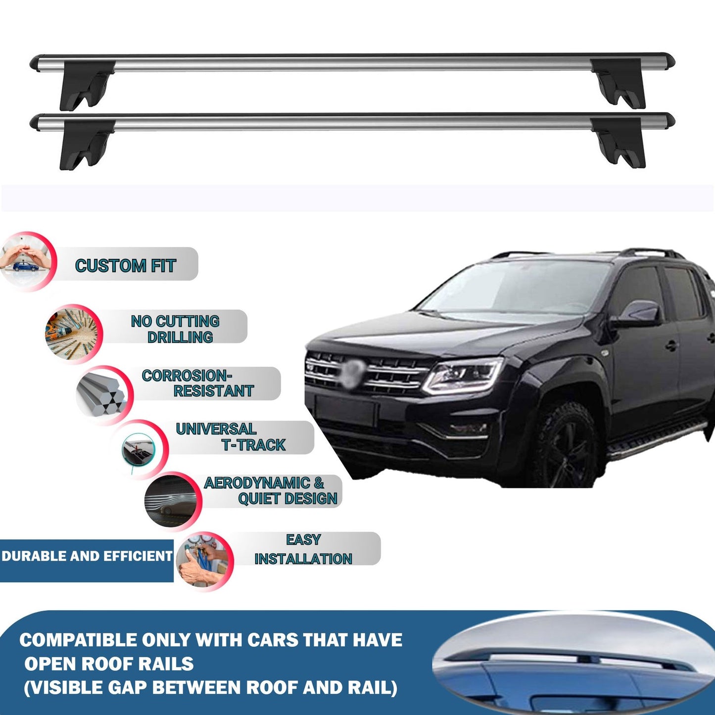 Lockable Roof Rack Cross Bars for Volkswagen Amarok 2010-2016 | Heavy Duty Rail Carrier 2 Pcs Grey