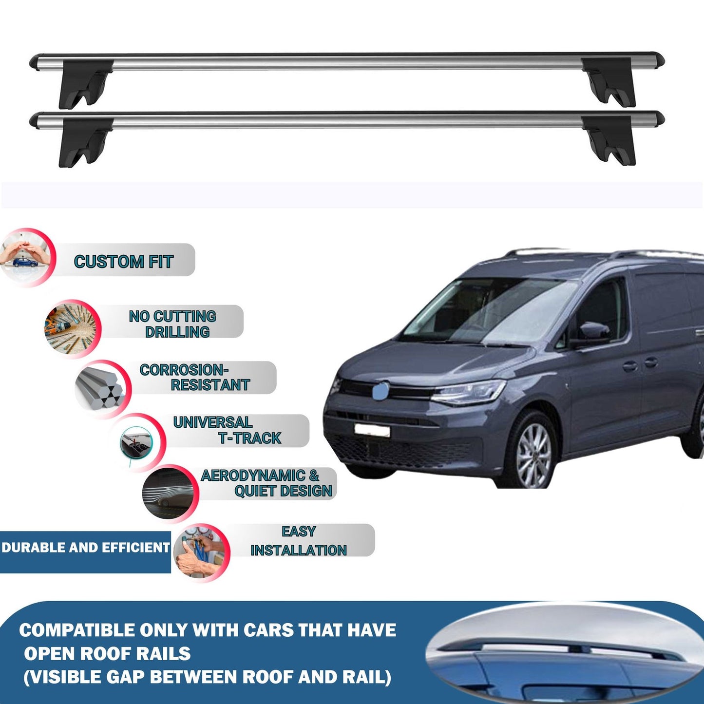 Car Roof Rack Cross Bars for Vw Caddy Combi 2021-2023 Kayak Roof Rack 4 Pcs Grey