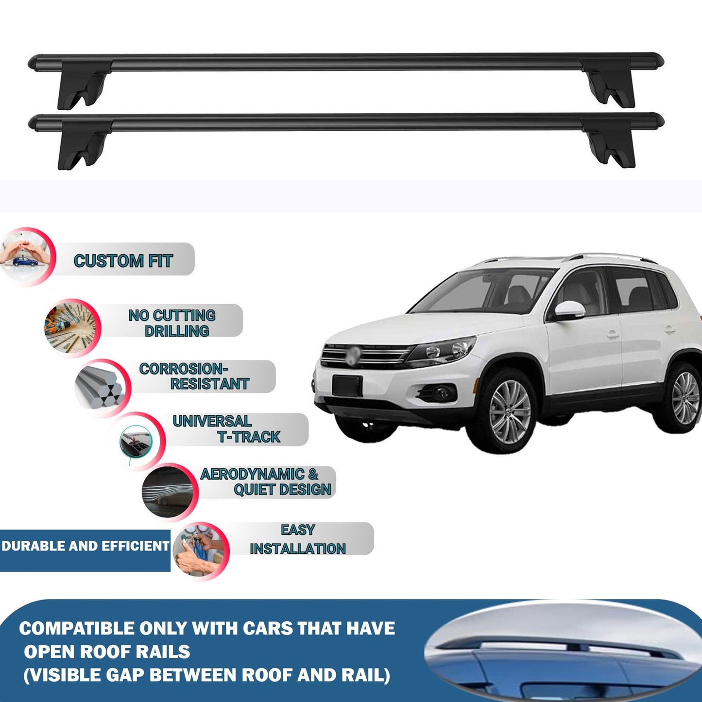 Lockable Roof Rack Cross Bars for Vw Tiguan 5N 2007-2016 | Heavy Duty Rail Carrier 2 Pcs Black