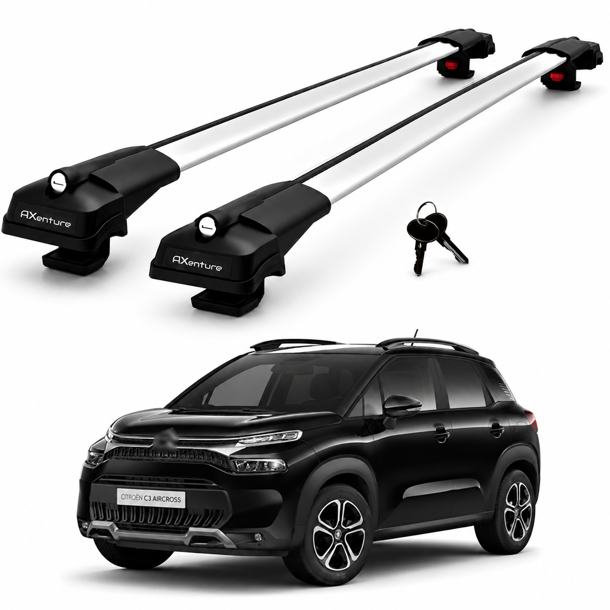 2X Roof Bars for Citroen C3 Aircross 2017-2024 Lockable Roof Rack Cross Bar Grey