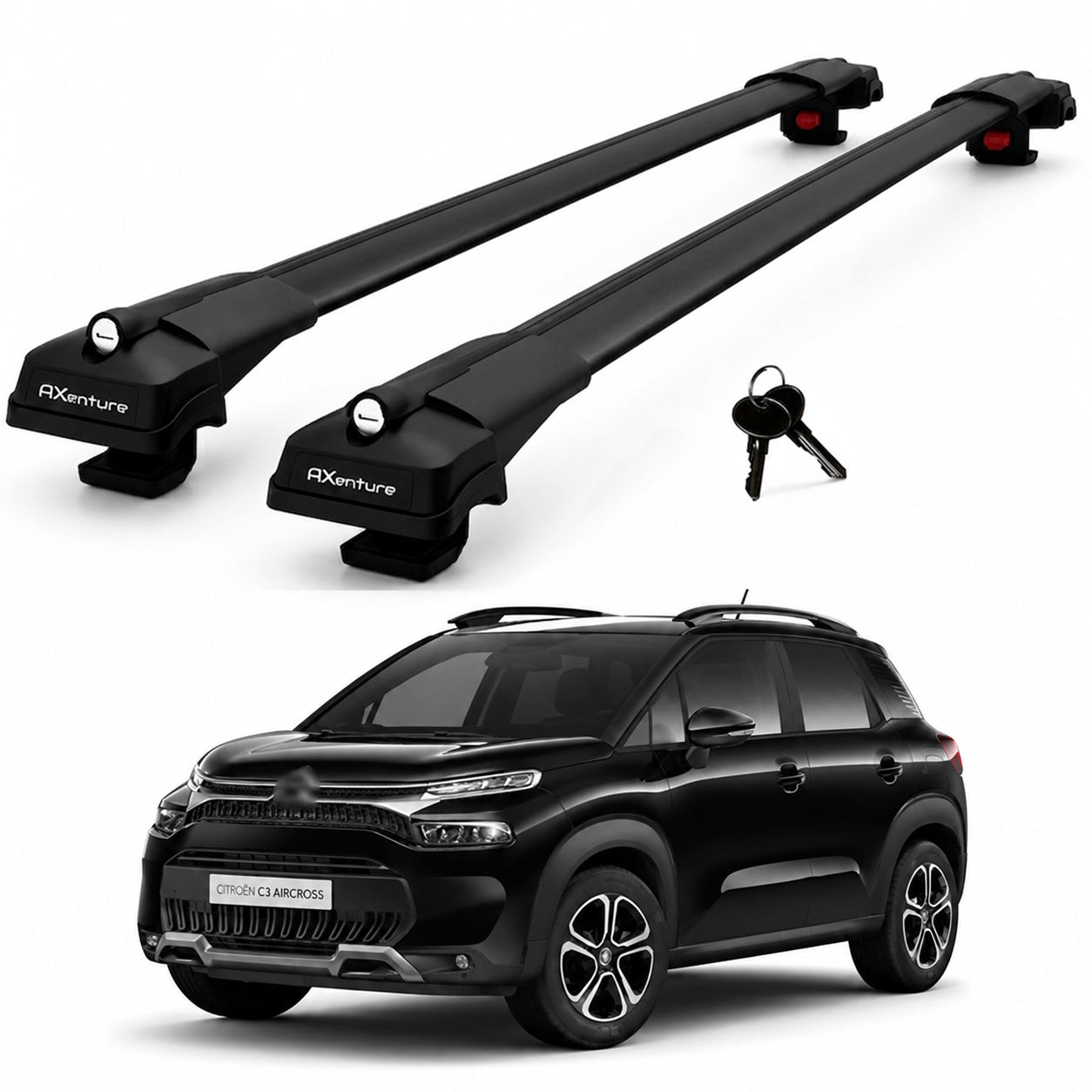 2X Roof Bars for Citroen C3 Aircross 2017-2024 Lockable Roof Rack Black