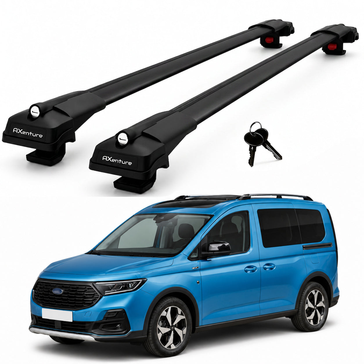2X Roof Bars for Ford Tourneo Connect 2022-2026 Lockable Roof Rack Black