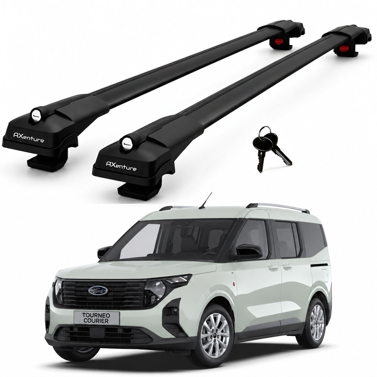 2X Roof Bars for Ford Tourneo Courier 2024-2026 Lockable Roof Rack Black