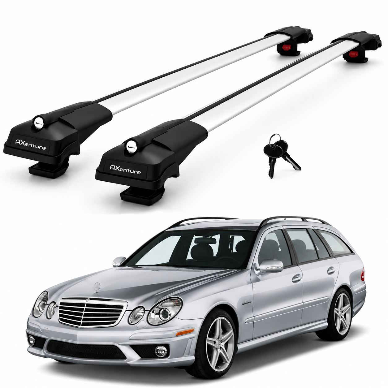 2X Roof Bars for Mercedes E-Class S211 2004-2009 Lockable Roof Rack Grey