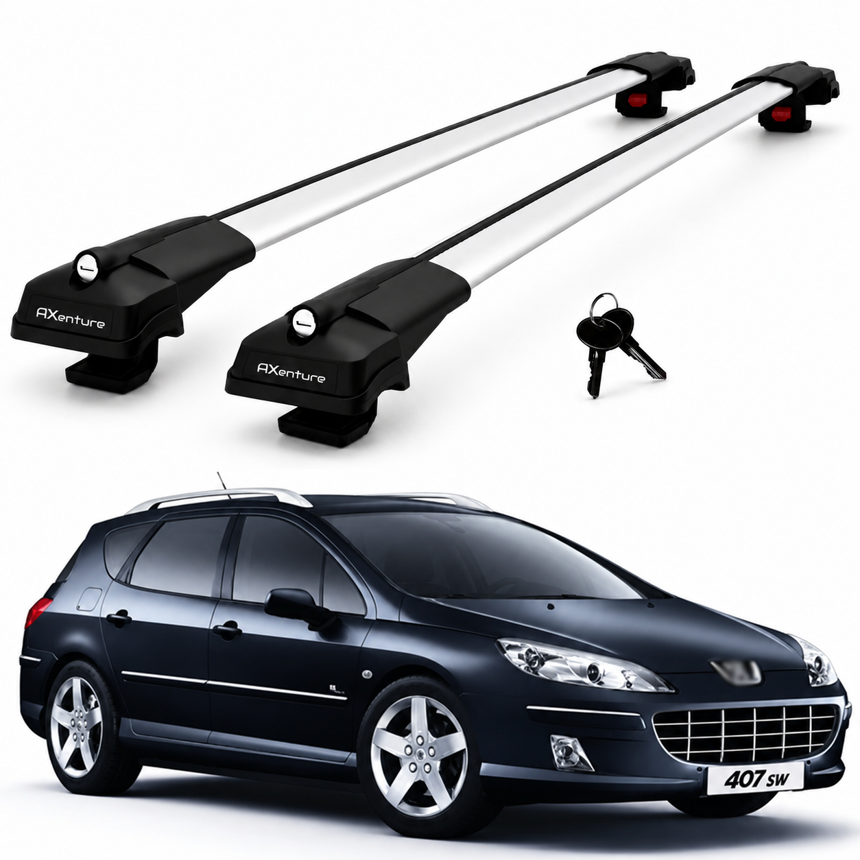 2X Roof Bars for Peugeot 407 Wagon 2004-2009 Lockable Roof Rack Cross Bars Grey