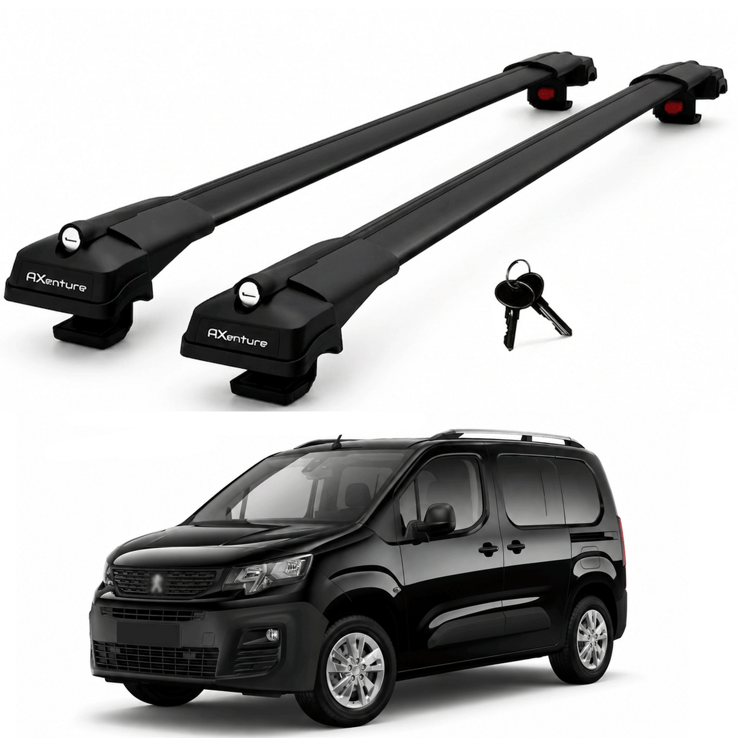 2X Roof Bars for Peugeot Partner Van 2019-2025 Lockable Roof Rack Black