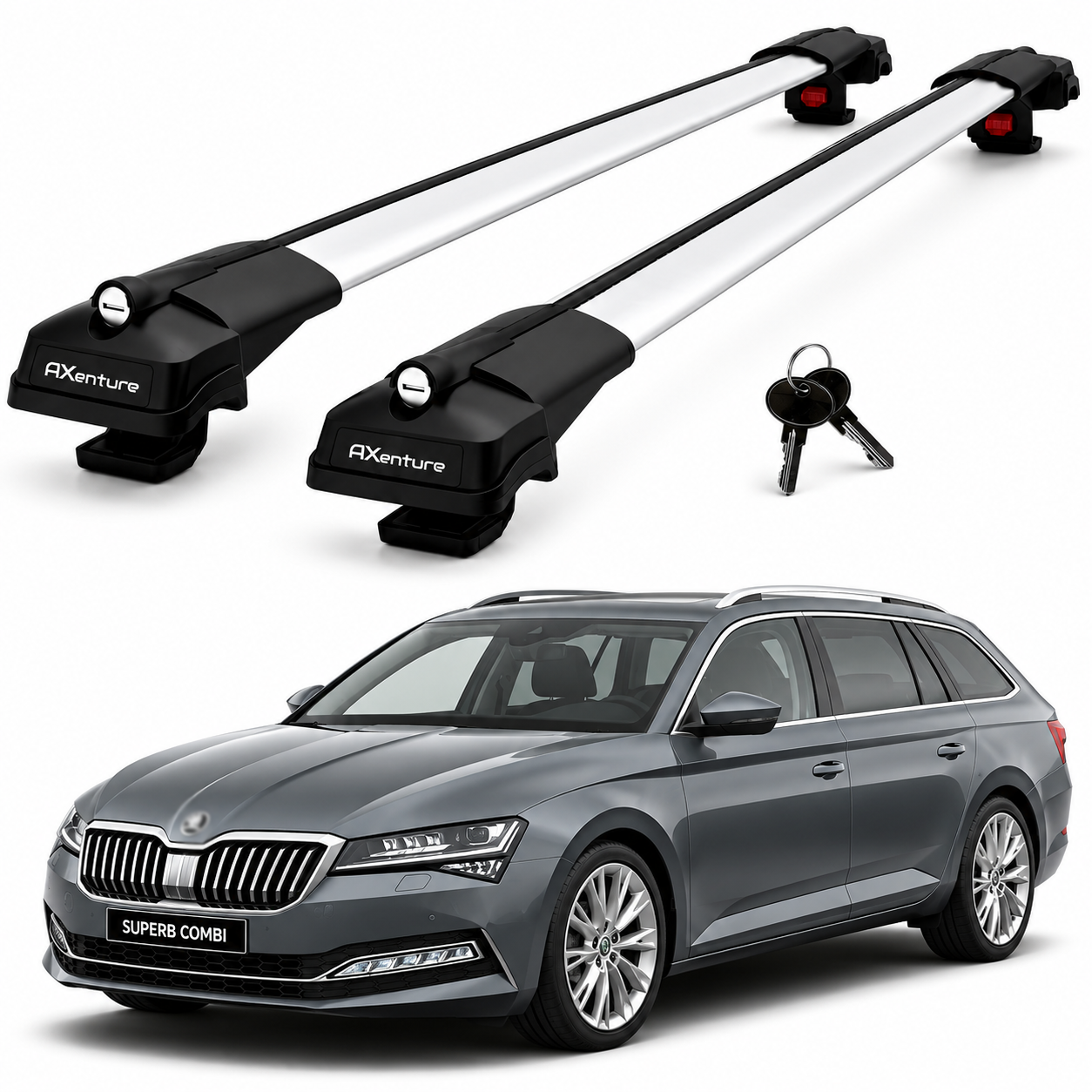 2X Roof Bars for Skoda Suberb B8 Combi 2016-2022 Lockable Roof Rack Grey