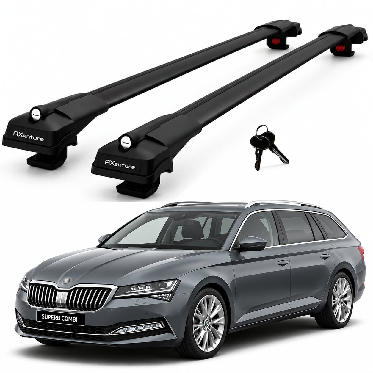 2X Roof Bars for Skoda Suberb B8 Combi 2016-2022 Lockable Roof Rack Black
