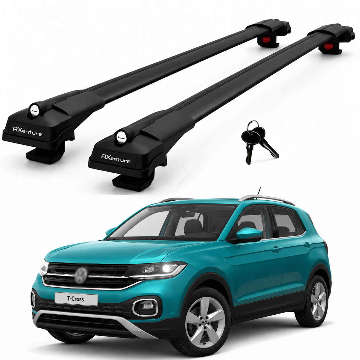 2X Roof Bars for Volkswagen T-Cross 2019-2026 Lockable Roof Rack Cross Bar Black