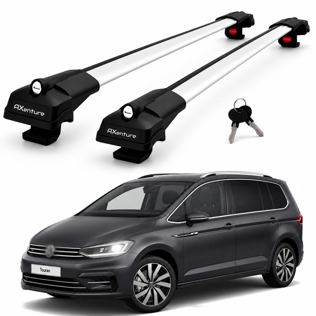 2X Roof Bars for Volkswagen Touran 2016–2025 Lockable Roof Rack Cross Bars Grey