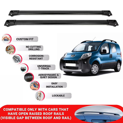 Roof Rack Cross Bars for Peugeot Bipper 2008-2016 Lockable Roof Bars 2 Pcs Black